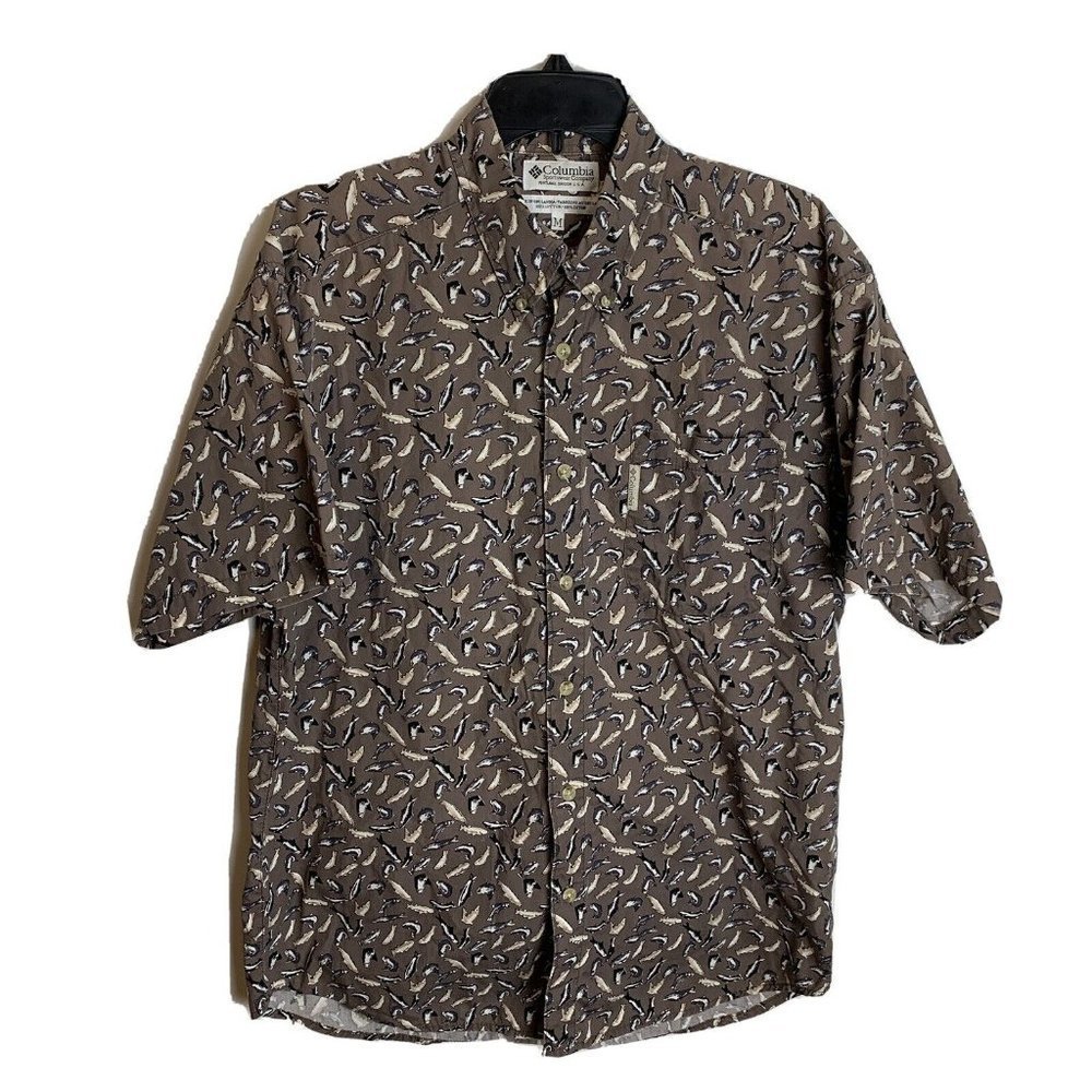 Columbia Mens‎ Short Sleeve Button Down Fish Pattern Shirt Brown Size Medium